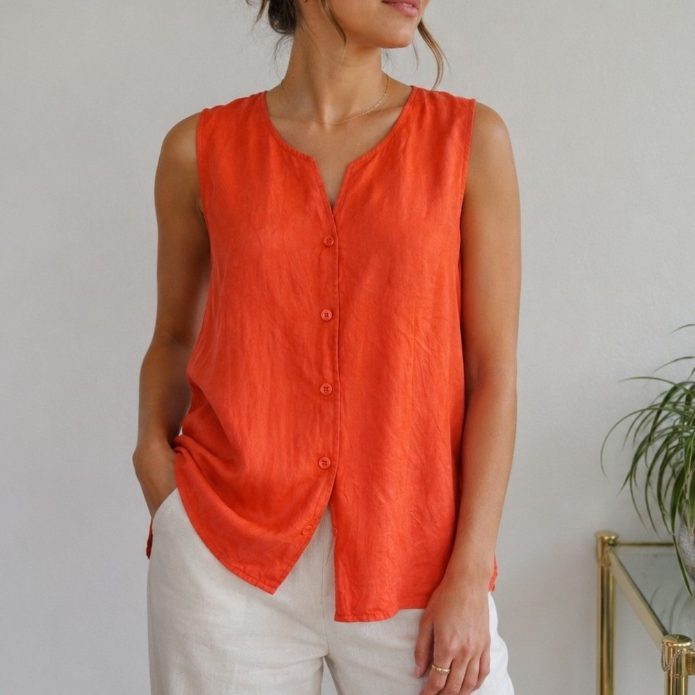 VINTAGE‎ 90s Coldwater Creek 100% Silk Herringbone Vest, Size Medium, Orange Top